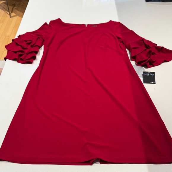 🆕 Gabby Skye Tiered Ruffle Sleeve Mini Dress, Dark Red, Size 10 - Picture 5 of 11